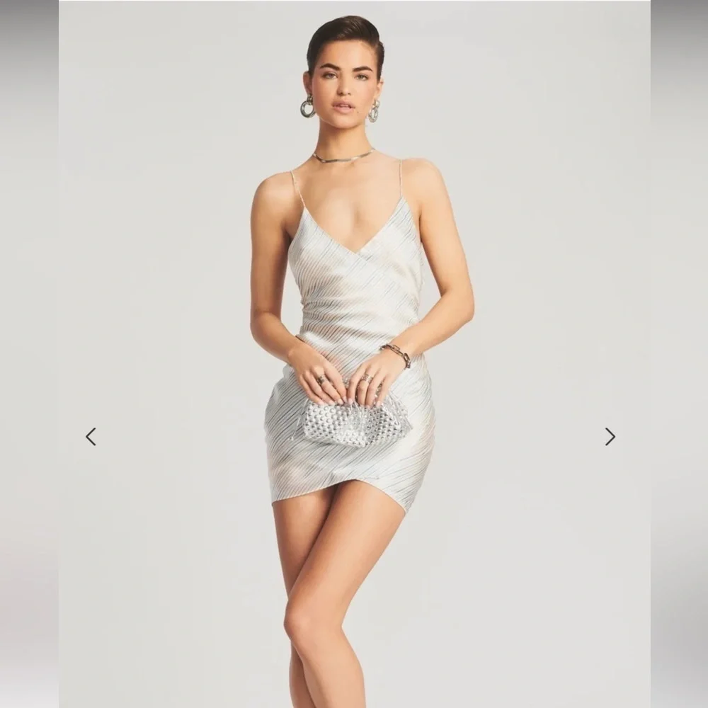 SER.O.YA | Bodycon Leah Classic Mini Slip Dress Silk Ivory W/ Blue Stripe - Picture 1 of 9